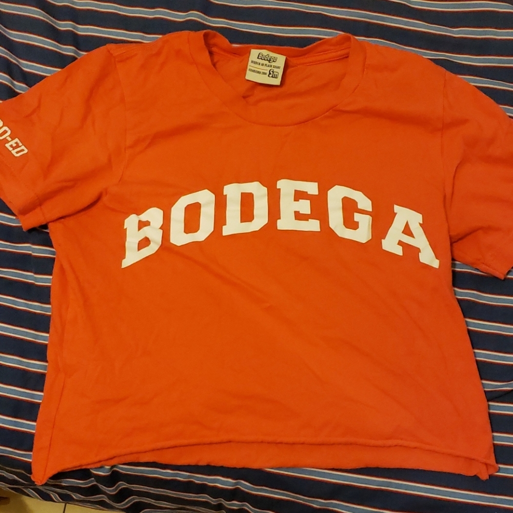 Bodega varsity cropped coral orange tshirt